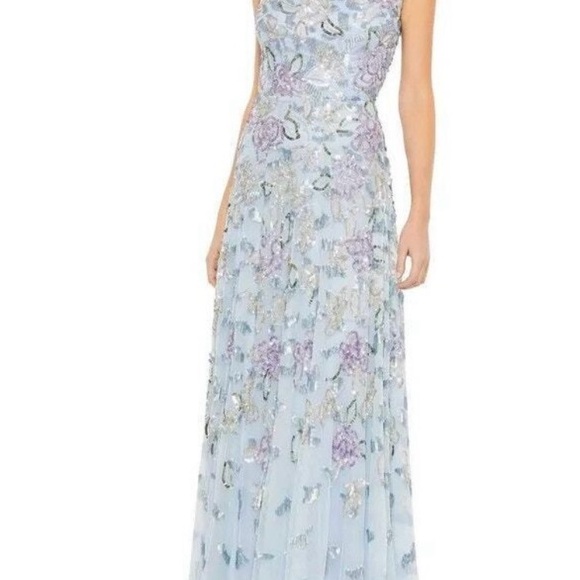 Mac Duggal Sequined High Neck Cap Sleeve A Line Gown Ice Blue Multi Size 10 NWT - Picture 4 of 7
